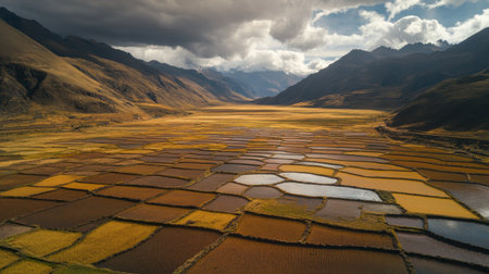 This stunning aerial image captures the vibrant golden agricultural fields set against majestic mountains and dramatic clouds. A true showcase of natureの素材