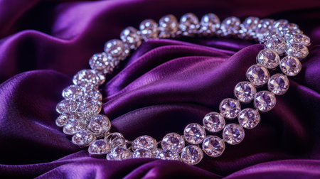 This stunning image showcases an elegant sparkling necklace prominently displayed on rich purple silk fabric, highlighting the exquisite craftsmanship and luxury of the jewelry.の素材