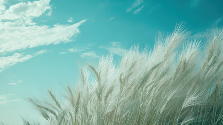 A serene landscape showcases elegant white grasses swaying gently in the wind under a bright blue sky. The scene evokes tranquility and natural beauty.の素材