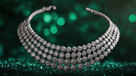 This stunning diamond necklace showcases intricate design and elegance on a sparkling emerald background, ideal for fashion and jewelry displays.の素材