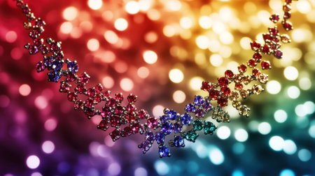 A stunning close-up of a colorful gemstone necklace set against a vibrant bokeh backdrop, showcasing brilliance and creative design in jewelry.の素材