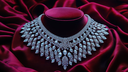 This stunning diamond necklace showcases intricate craftsmanship and elegance, displayed beautifully on rich red fabric, perfect for luxury jewelry presentations.の素材