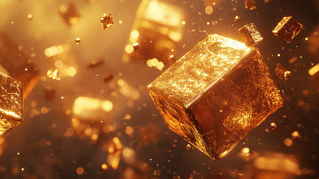 This stunning image features dynamic golden cubes floating through a captivating abstract space, enhanced by glimmering light reflections and shimmering particles.の素材