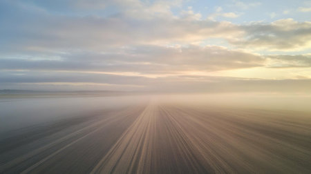 A breathtaking view showcasing a tranquil beach at sunrise, where soft clouds drift through a pastel sky, creating a serene atmosphere.の素材