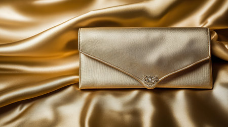 A stunning gold clutch purse rests elegantly on a soft satin fabric background, showcasing luxury and sophistication perfect for fashion photography.の素材
