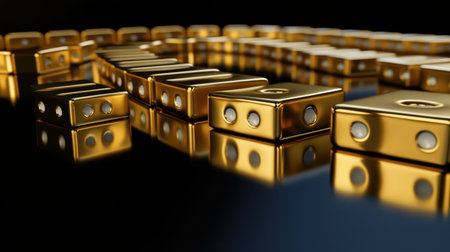 A stunning arrangement of shiny gold bars reflecting light on a dark surface, symbolizing wealth and luxury. The image captivates attention with its elegant design and modern appeal.の素材