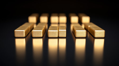 This image features a series of gleaming gold bars aligned meticulously, reflecting light on a smooth surface. Ideal for themes of wealth and investment.の素材
