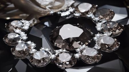 Stunning jewelry piece featuring an array of beautifully cut gemstones and delicate silver accents, set against a luxurious dark background, ideal for fashion showcases.の素材