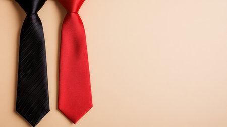 This image showcases a sleek black tie and a vibrant red tie positioned on a soft beige background, perfect for illustrating refined business attire or formal wear options.の素材