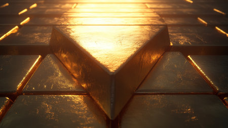 A stunning visual of gold bars displaying shimmering reflections in warm light. This image captures wealth and luxury, symbolizing financial prosperity and elegance.の素材