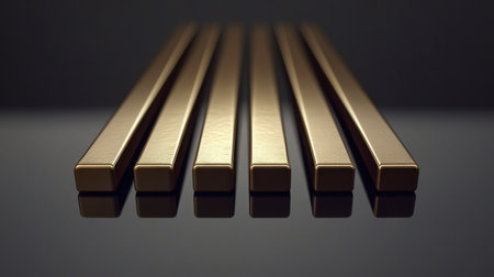 A visually striking arrangement of metallic bars reflecting on a sleek surface, ideal for modern design projects or artistic backgrounds. Perfect for showcasing elegance and minimalism.の素材