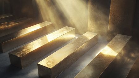 This captivating image features shimmering gold bars placed in a softly illuminated space, with rays of light enhancing their luxurious texture and richness.の素材