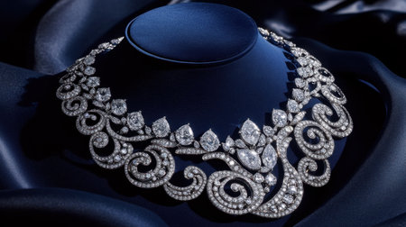 This stunning diamond necklace exudes luxury and elegance, perfect for showcasing fine jewelry. The intricate design highlights the brilliance of each gemstone against a smooth black satin background, creating a visually captivating presentation.の素材