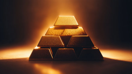 A captivating image featuring a pyramid of shiny gold bars illuminated by a warm glow. Perfect for themes of wealth, luxury, and investment showcasing timeless value.の素材