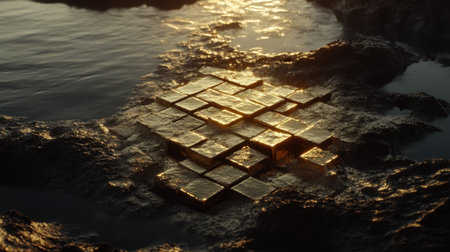 A captivating scene showcasing golden reflections on a textured water surface, featuring geometric shapes resting on rocks, surrounded by nature's beauty.の素材