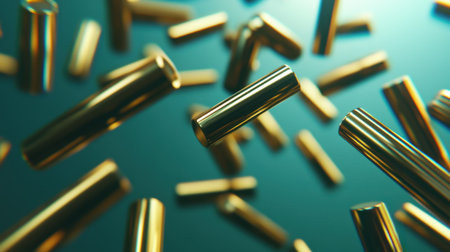 A captivating scene featuring floating metallic cylinders in a modern abstract space. The shimmering light creates a soft color gradient that enhances the dynamic atmosphere. Ideal for design and technology themes.の素材