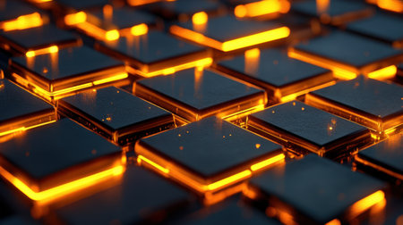This image features a close-up view of a modern abstract arrangement of glowing orange tiles against a dark background, creating a dynamic and futuristic composition.の素材