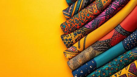 A stunning collection of colorful fabrics with intricate patterns is artfully arranged on a bright yellow background, perfect for inspiring textile design projects and creative crafts.の素材