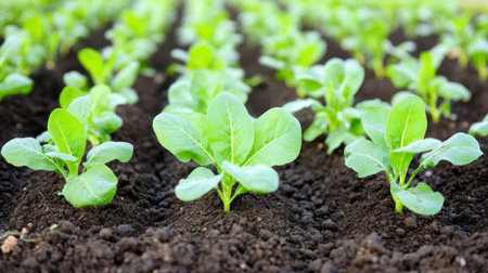 Young green seedlings emerge from dark fertile soil, showcasing healthy growth in a vibrant vegetable garden on a sunny day. Nature's beauty in agriculture.の素材