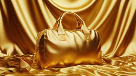 A luxurious golden duffle bag rests on a beautifully draped gold satin background, showcasing its sleek design and opulent aesthetic for fashion lovers.の素材