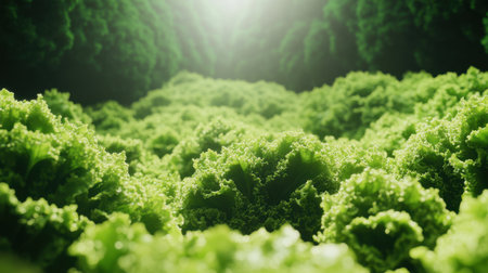 Captivating view of lush green vegetation bathed in soft sunlight, emphasizing freshness and vitality in a serene outdoor setting. Perfect for nature themes.の素材