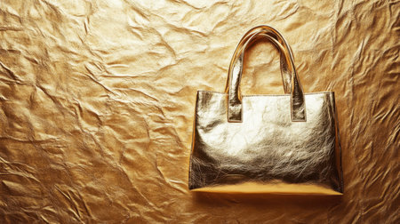 This stunning image features a luxurious golden handbag placed on a shiny textured gold background, ideal for fashion blogs, lifestyle articles, and promotional materials.の素材
