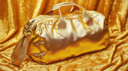 A glossy golden duffle bag displayed on a shimmering gold backdrop, perfect for showcasing travel style, fashion accessories, and modern design.の素材