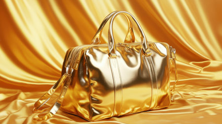 This stunning gold metallic handbag sits elegantly against a shimmering gold fabric backdrop, showcasing its luxurious design and aesthetic appeal in fashion.の素材