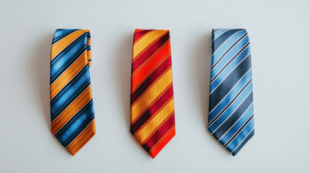 This image features three vibrant striped ties arranged on a light surface, showcasing styles suitable for business or formal occasions. Perfect for fashion inspiration!の素材