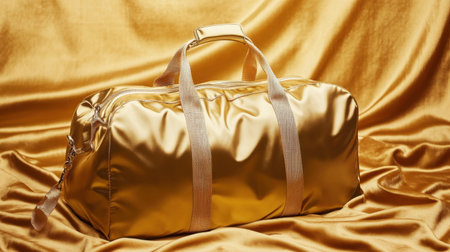 This luxurious gold duffle bag sits elegantly on a rich, vibrant fabric background, perfect for fashion-oriented projects showcasing style and travel themes.の素材