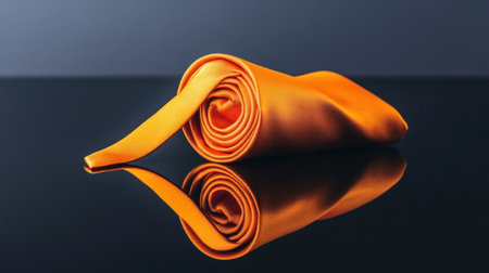 This striking image features a rolled orange fabric on a reflective surface, highlighting its smooth texture and vibrant color. Perfect for design and fashion projects.の素材