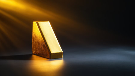 This image features a bright gold bar illuminated in a dark space, with dynamic light rays enhancing its texture and reflective qualities, symbolizing wealth.の素材
