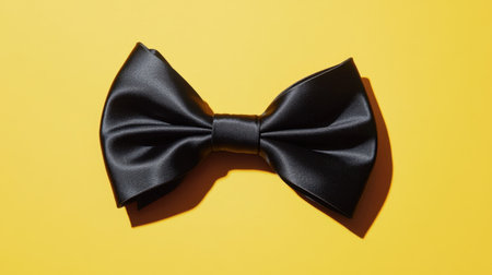 A striking black bow tie placed on a bright yellow background, perfect for showcasing elegance and style in formal attire and fashion photography.の素材