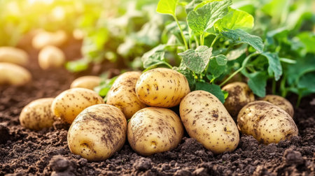 This image showcases freshly harvested potatoes resting on rich dark soil, surrounded by vibrant green potato plants under warm sunlight, symbolizing abundance.の素材