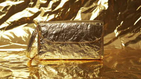 A stunning gold clutch purse rests on a striking metallic gold background, embodying luxury and elegance perfect for fashion and lifestyle imagery.の素材
