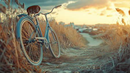 A vintage bicycle rests on a scenic pathway surrounded by tall grass, capturing the essence of tranquility during sunset. The soft light enhances a peaceful ambiance.の素材