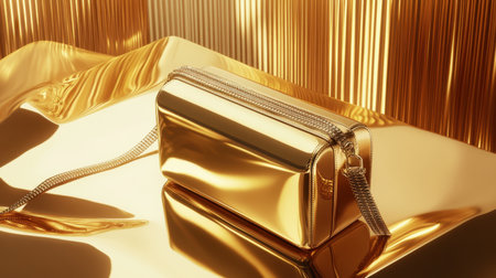 This image showcases an exquisite gold handbag resting on a reflective surface, surrounded by gleaming vertical stripes that enhance its luxurious appeal.の素材