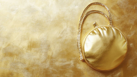 A stunning round gold purse lies on a shimmering golden background, exuding elegance and sophistication, perfect for fashion and lifestyle imagery.の素材