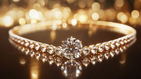 This stunning diamond bracelet features a central round stone and intricate designs, beautifully displayed against a shimmering bokeh background, perfect for showcasing elegance and luxury.の素材