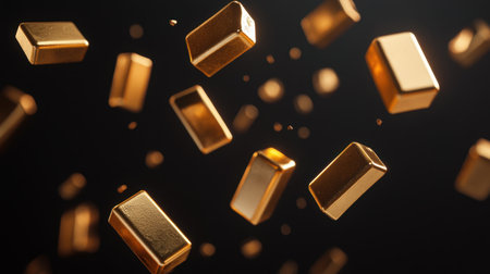 This captivating image showcases floating gold bars against a dark background, emphasizing the elegance and allure of wealth and luxury through dramatic lighting.の素材