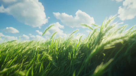 A breathtaking view of a vibrant green grass field illuminated by bright sunlight, dotted with fluffy clouds against a clear blue sky.の素材
