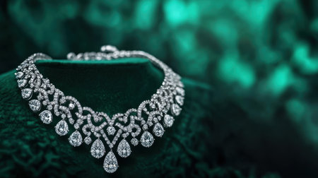 This striking image features a stunning diamond necklace displayed on a rich velvet background, highlighting its intricate design and luxurious sparkle.の素材