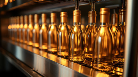 A striking image showcasing a row of glass bottles filled with golden liquid on a production line, highlighting modern manufacturing elegance.の素材