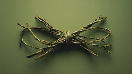 This image features a twisted natural fiber rope intricately tied in a knot, set against a muted green background, evoking a rustic and artistic feel.の素材