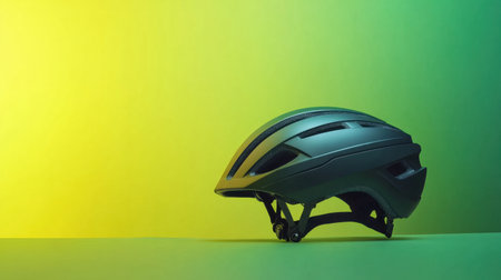 This image features a sleek modern bicycle helmet set against a vibrant gradient background, emphasizing safety and style for cyclists in urban environments.の素材