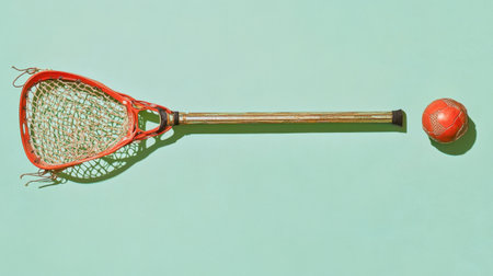 A vintage lacrosse stick alongside a bright orange ball rests on a soft green background, evoking themes of sport, tradition, and outdoor fun in recreation.の素材