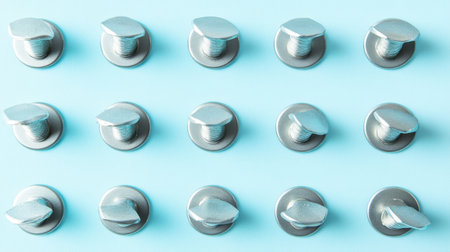 This detailed image showcases a collection of metal screws with caps arranged in a neat grid pattern on a light blue background, ideal for industrial design.の素材
