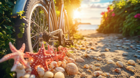 A scenic view of a bicycle resting near the beach, adorned with seashells and starfish on the sand, illuminated by the golden light of sunset. This image captures the essence of relaxation and adventure by the sea.の素材