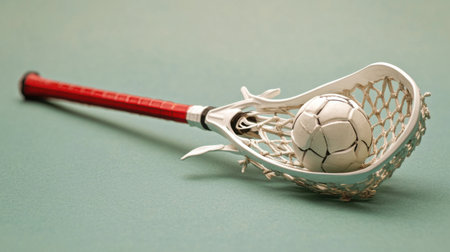 Artistic depiction of a lacrosse stick holding a soccer ball, symbolizing sports crossover. The vibrant green background emphasizes the equipment's detail.の素材