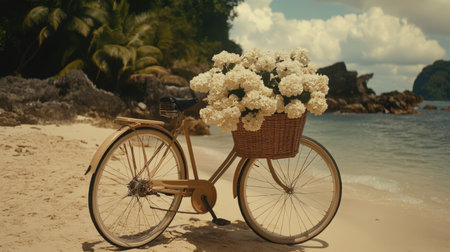 A charming vintage bicycle adorned with a basket full of white flowers rests on a sandy beach, framed by azure skies and gentle waves, evoking summer bliss.の素材